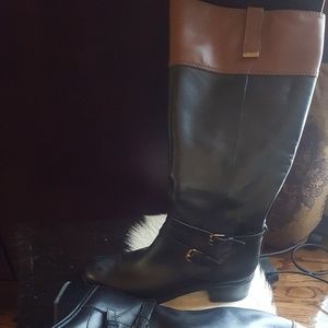Black leather boots with brown at the top